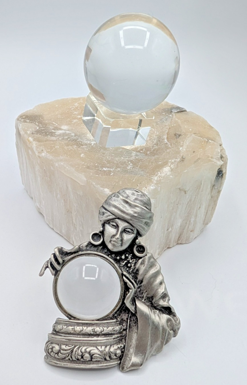 Mini Crystal Ball &Pin SET VTG JJ Vintage Fortune Teller Mystic Seer Pewter RARE